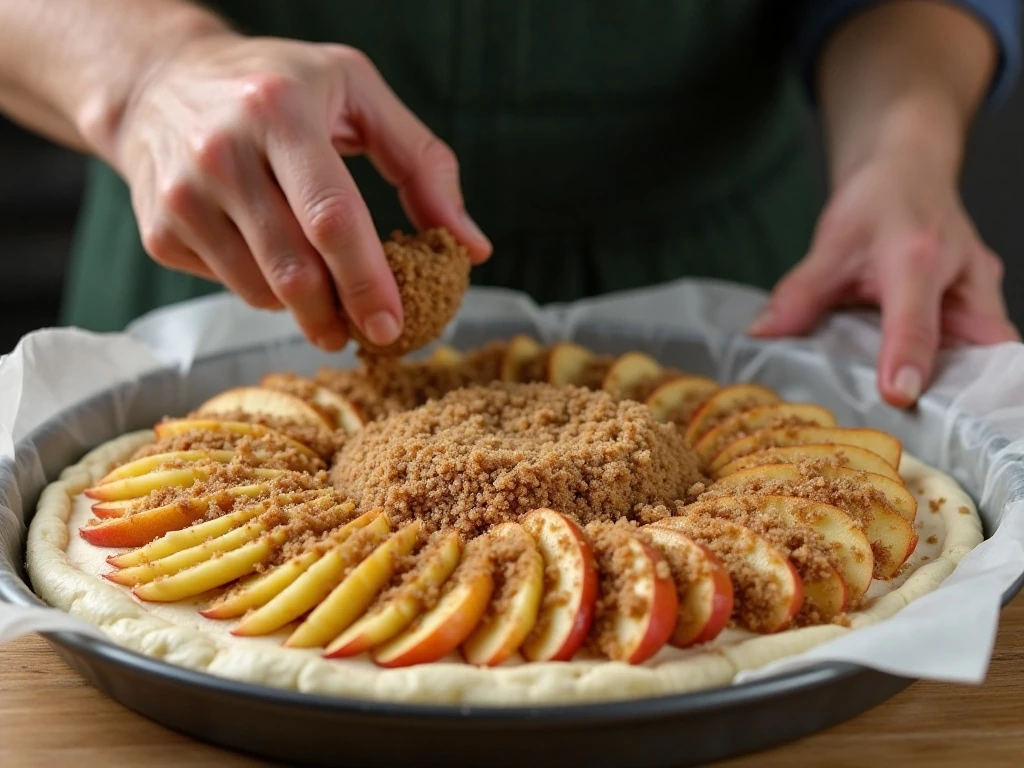 Adding buttery crumb topping to apple dessert pizza
