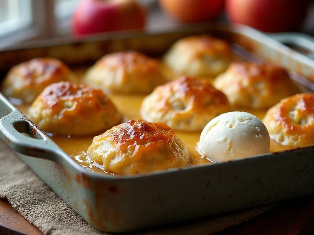 Golden apple dumplings with vanilla ice cream in a baking dish