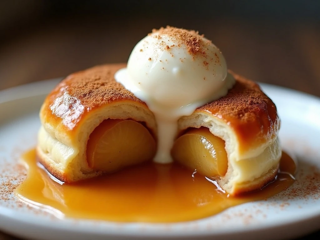 Apple dumpling with cinnamon, sauce, and melting vanilla ice cream
