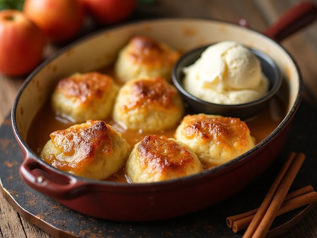 Warm crescent-roll apple dumplings served with vanilla ice cream