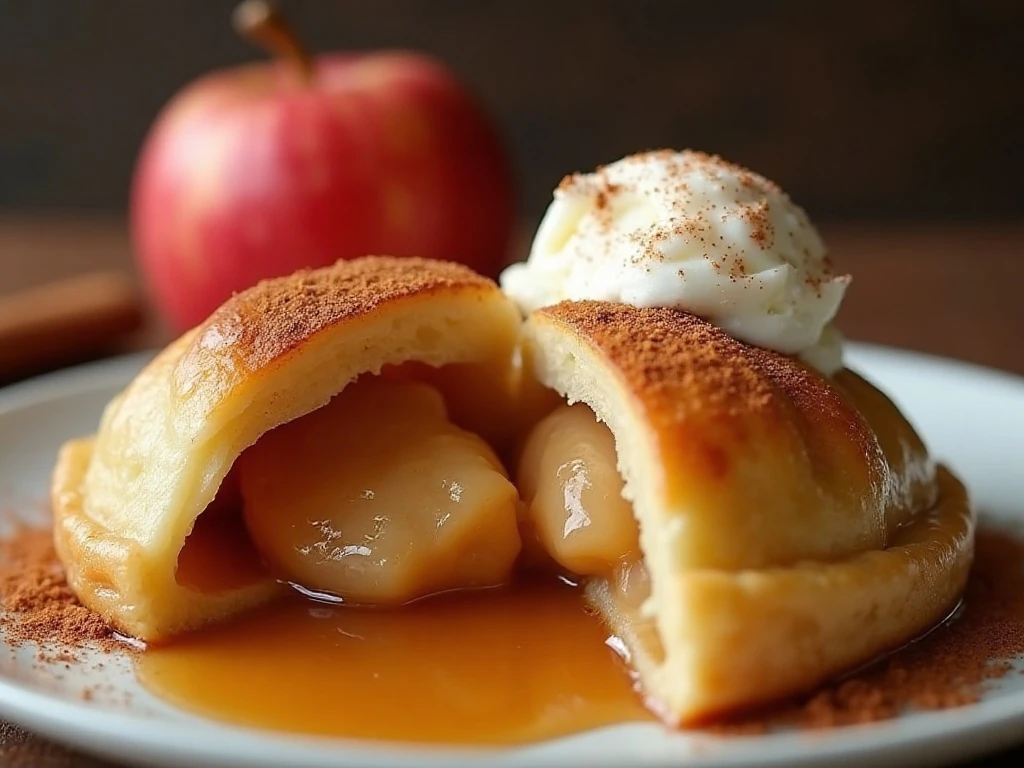 Apple dumpling with melting vanilla ice cream and cinnamon sauce
