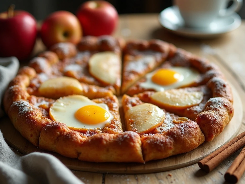 Apple French Toast Breakfast Pizza served in golden wedges