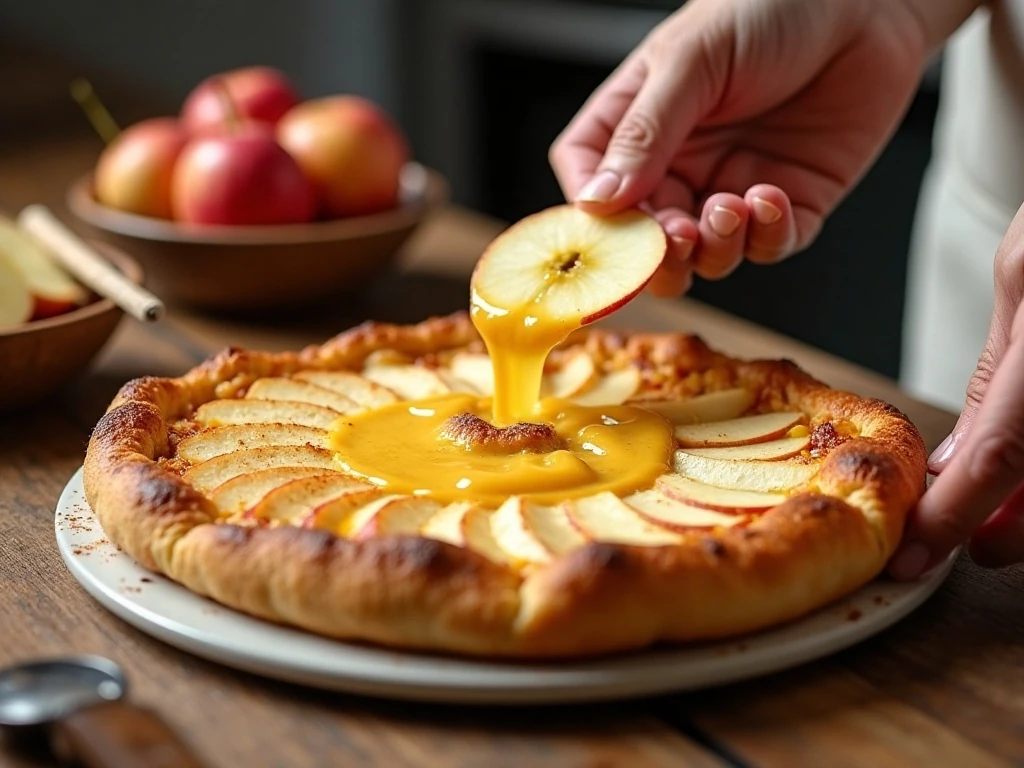 Arranging cinnamon apples on breakfast pizza crust
