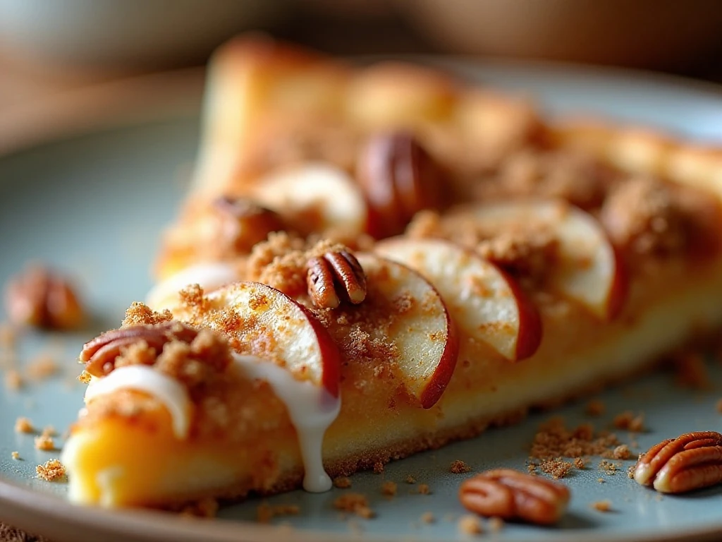 Close-up of cinnamon apples, pecans, and glaze on breakfast pizza