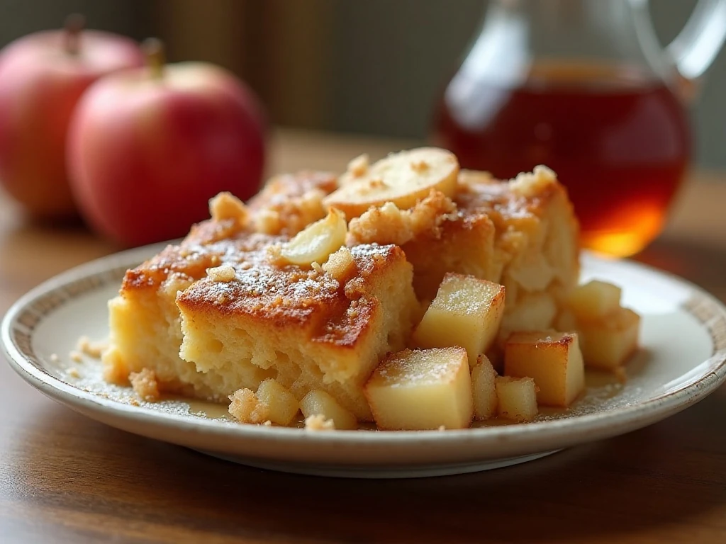 Golden apple French toast casserole ready to serve