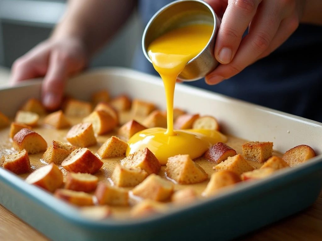 Pouring cinnamon custard over bread and apples