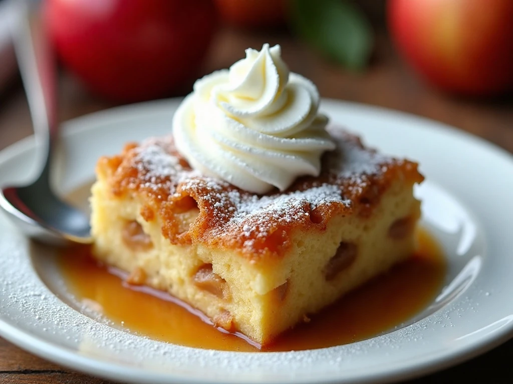 Apple French toast casserole with powdered sugar and whipped cream