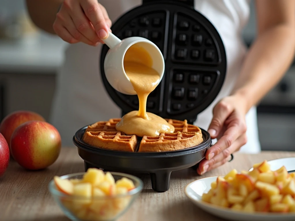 Apple waffle batter being added to a hot waffle iron