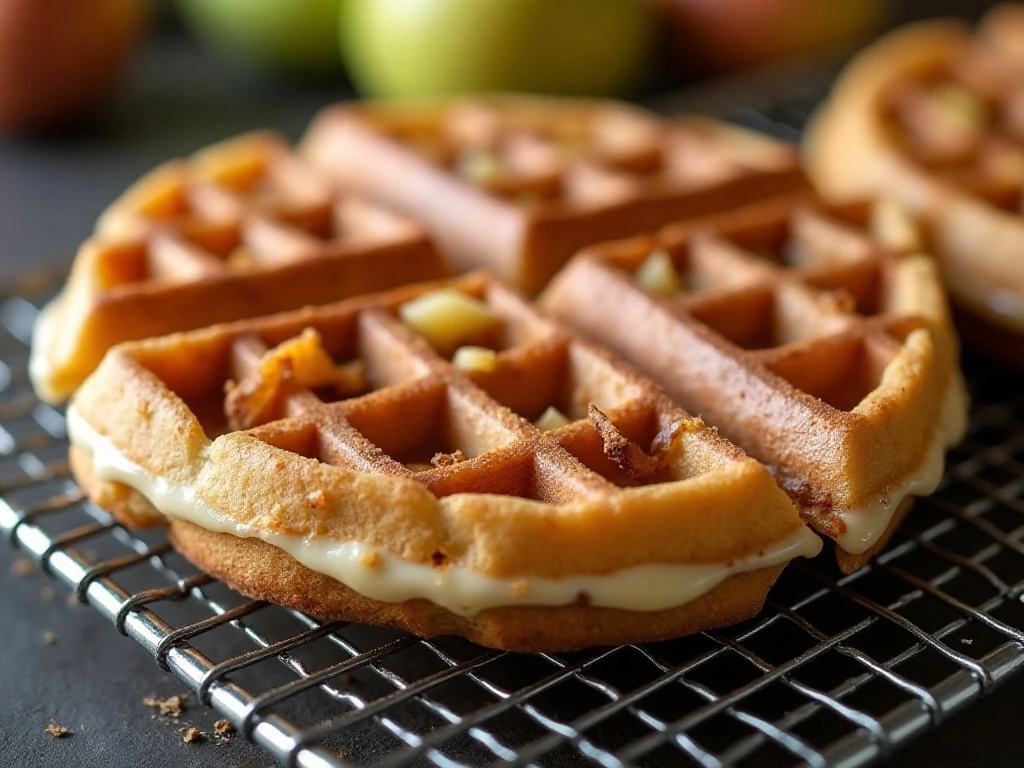 Close-up of crisp apple waffles with cinnamon and glaze