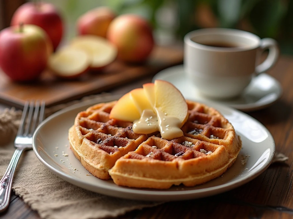 Apple fritter waffles served with apple slices and glaze