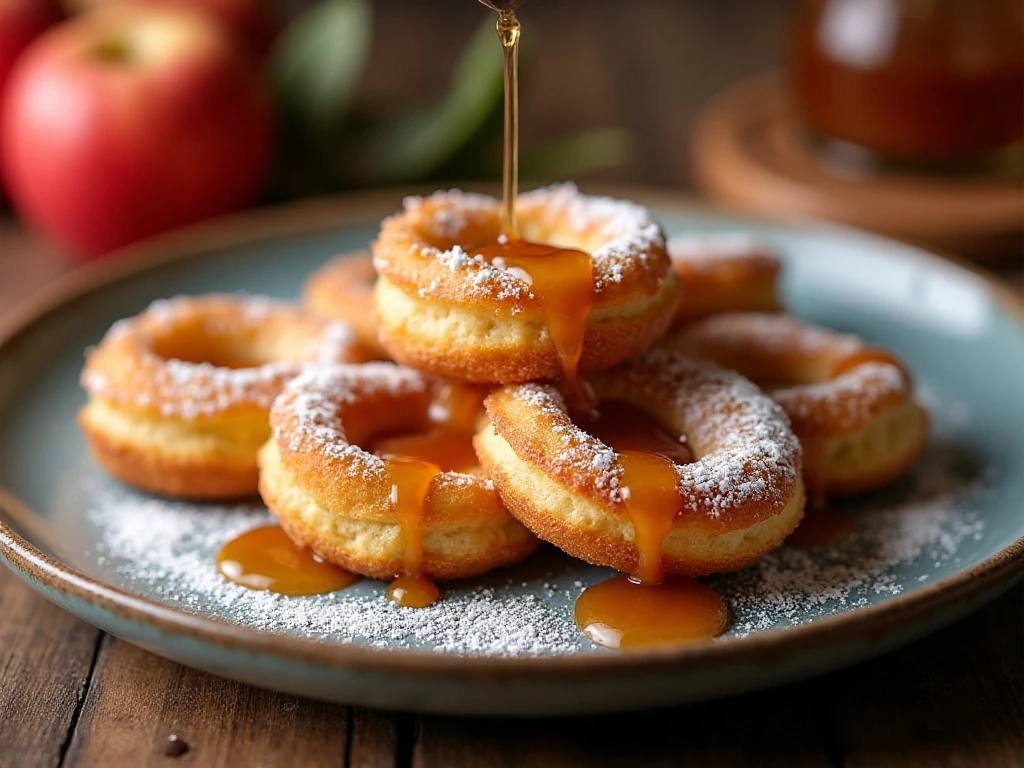 Golden apple funnel cakes dusted with confectioners’ sugar and served with caramel sauce