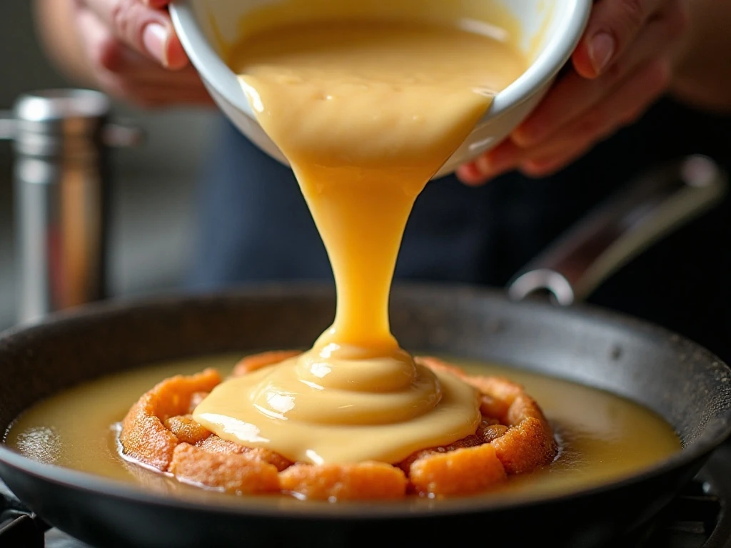 Apple funnel cake batter being drizzled into hot oil