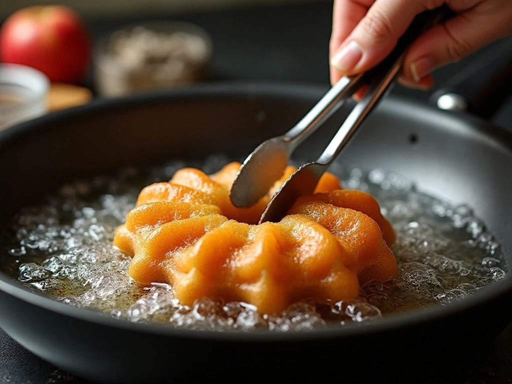Frying a golden apple funnel cake in hot oil