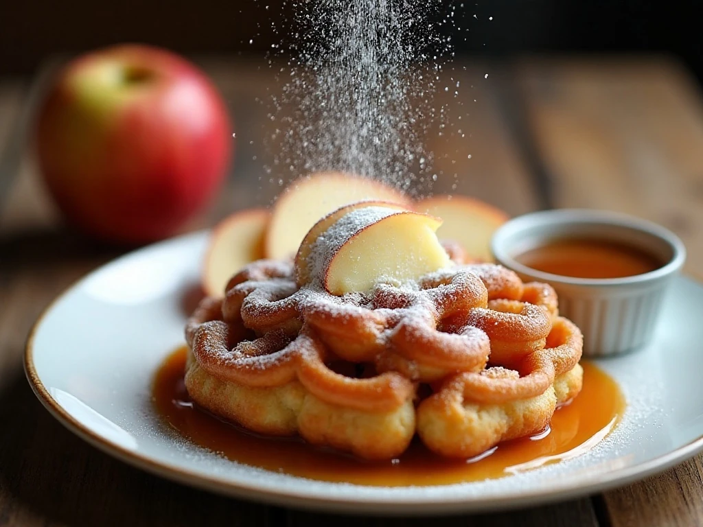 Close-up of caramel and confectioners’ sugar on an apple funnel cake