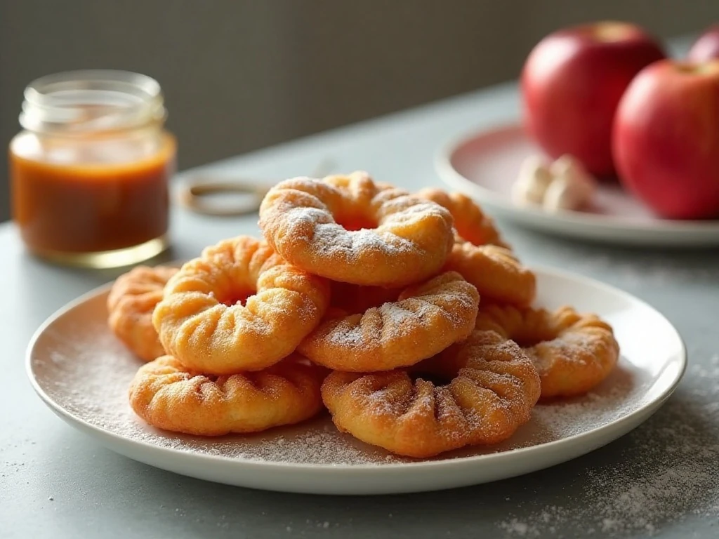 Apple funnel cakes ready to reheat and serve with caramel sauce