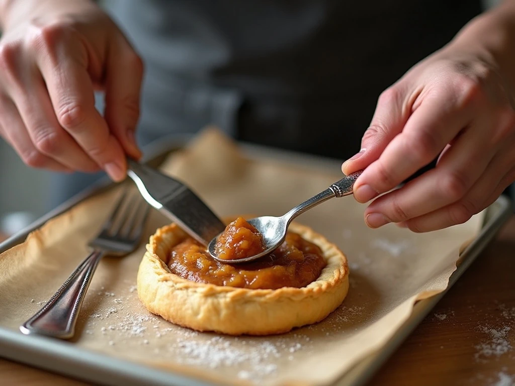 Filling and sealing apple hand pies before baking