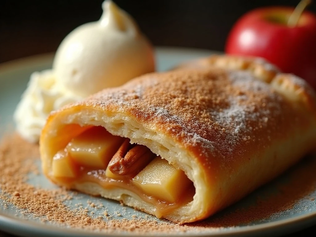 Apple hand pie with vanilla glaze, coarse sugar, and ice cream