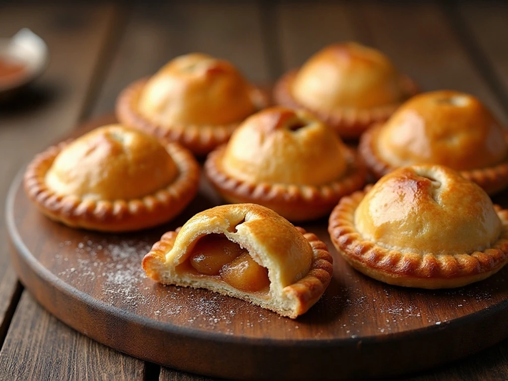 Golden homemade apple hand pies arranged on a serving board