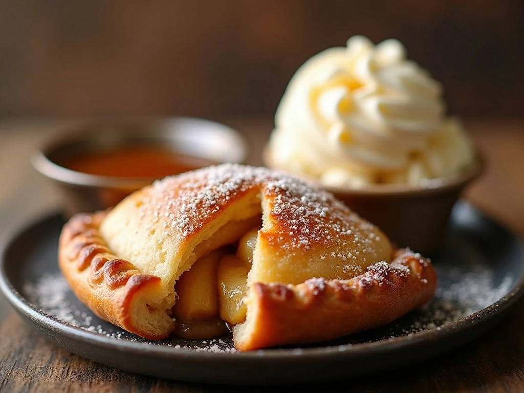 Apple hand pie served with vanilla ice cream and caramel sauce
