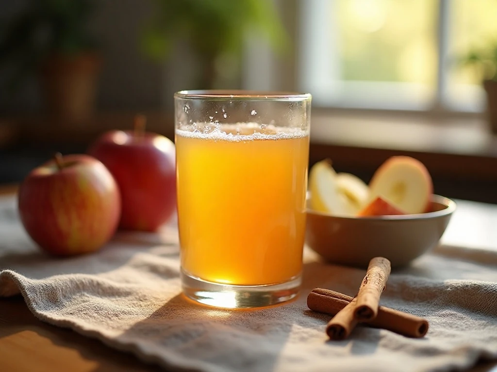 Golden homemade apple juice served with fresh apple slices and cinnamon