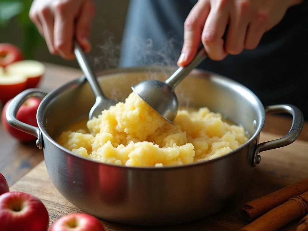 Softened apples being mashed for homemade apple juice