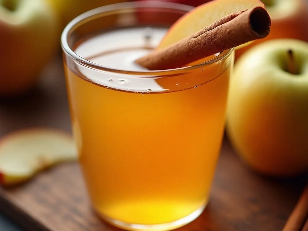 Apple juice with cinnamon stick and apple slice garnish