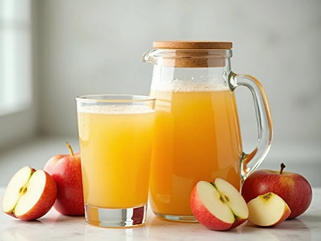 Covered pitcher of homemade apple juice ready for refrigeration