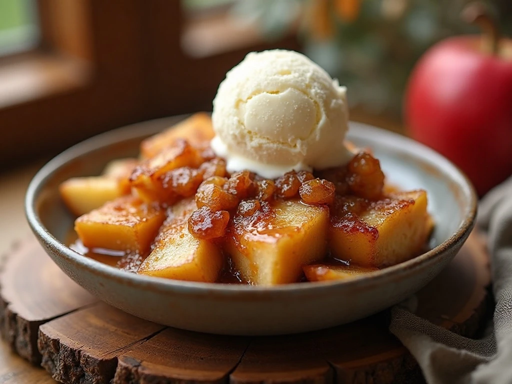 Warm old-fashioned apple pandowdy with vanilla ice cream