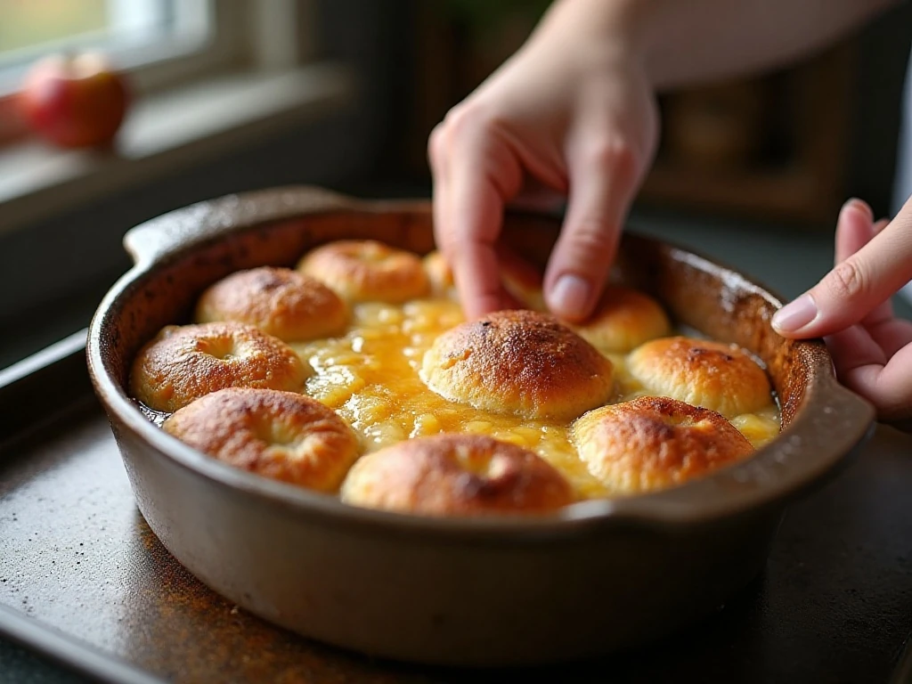 Dowdying the pastry crust in bubbling apple juices