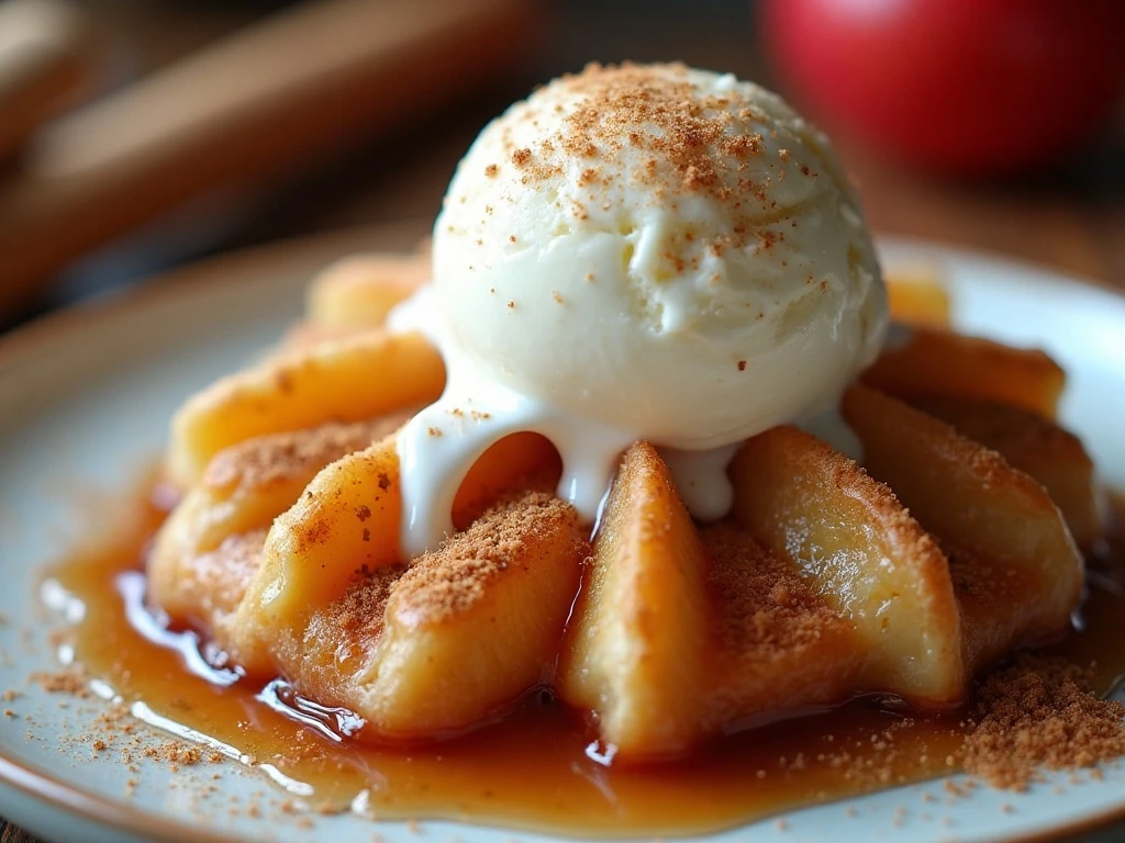 Apple pandowdy served with melting vanilla ice cream