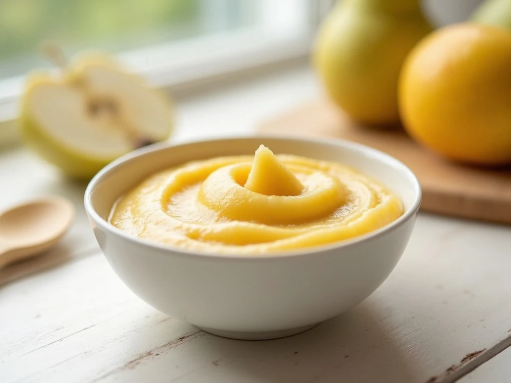 Smooth apple pear and banana baby food puree in a small bowl