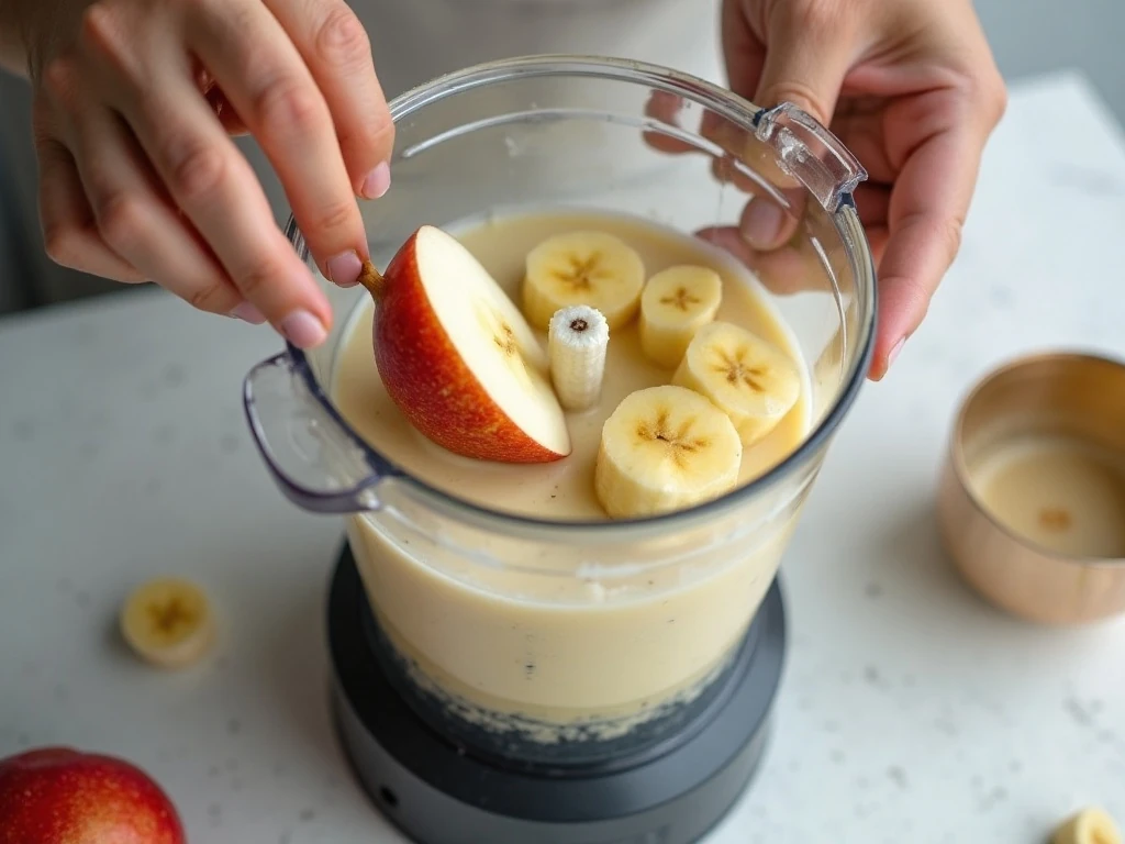 Blending steamed apple pear and raw banana into puree