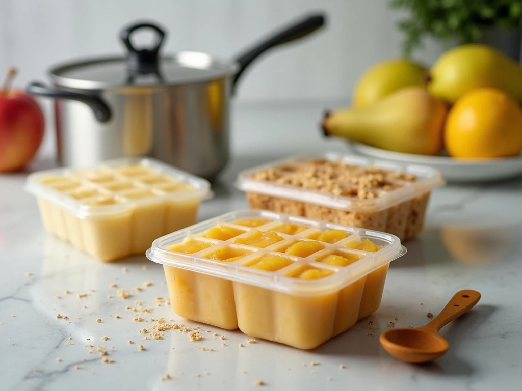 Portioned apple pear and banana baby food for storage