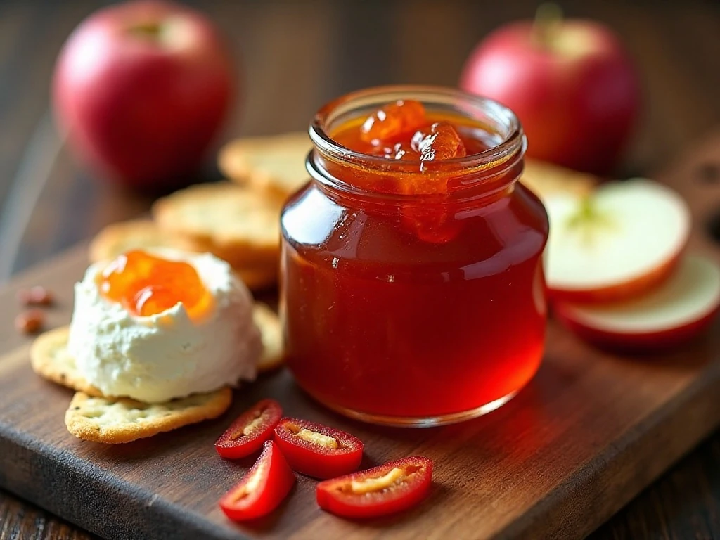 Apple pepper jelly served over cream cheese with crackers and apple slices
