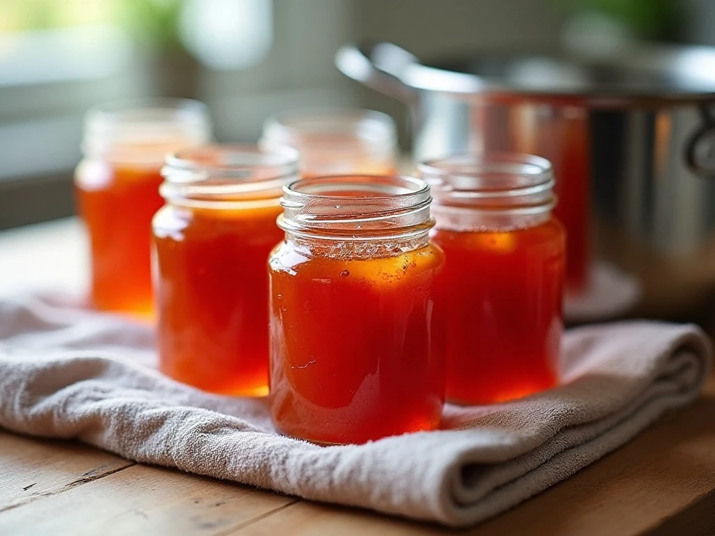 Sealed jars of homemade apple pepper jelly cooling after canning