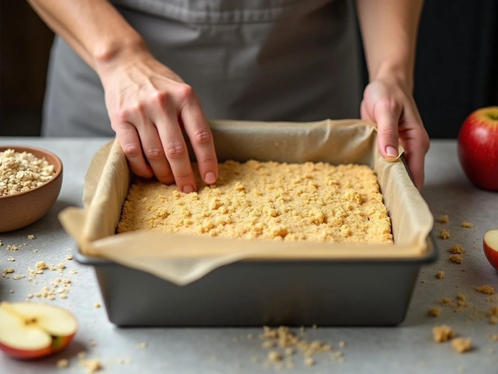 Preparing the shortbread crust for apple pie bars