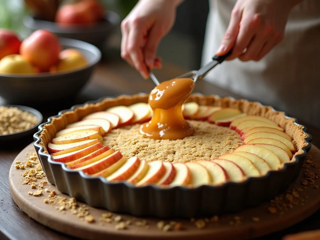 Layering thin apples over the shortbread crust