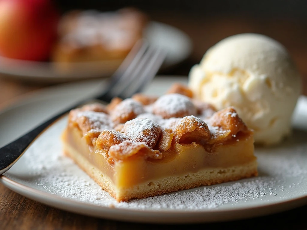 Vanilla glaze drizzled over an apple pie bar