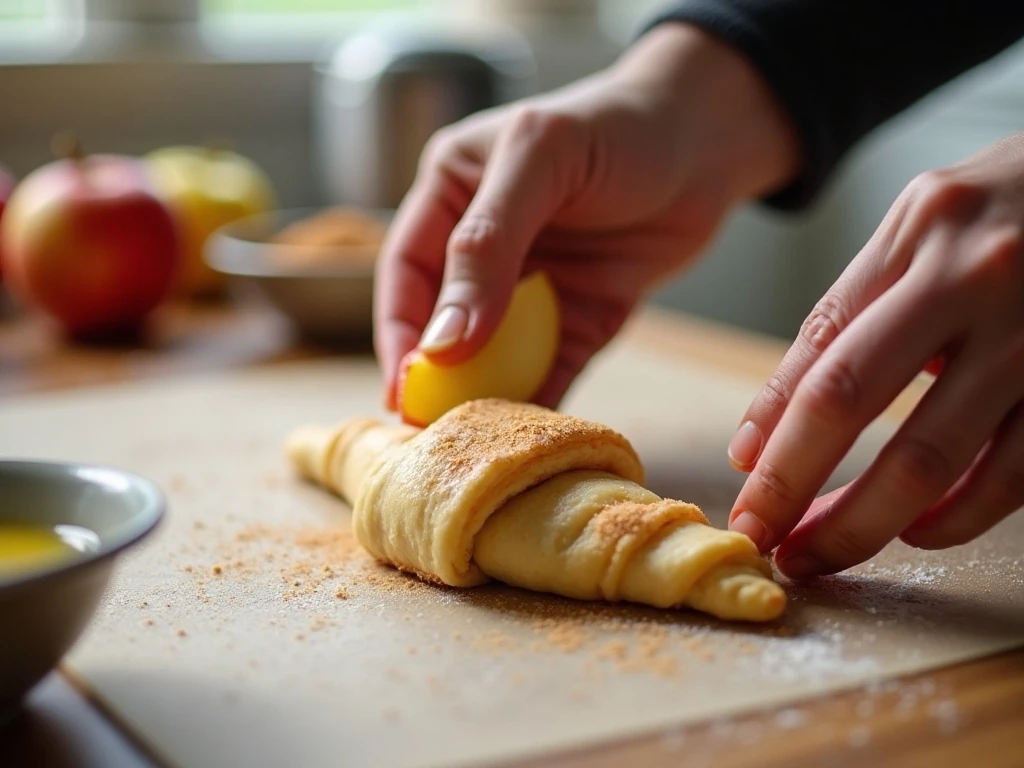Wrapping an apple wedge in crescent dough
