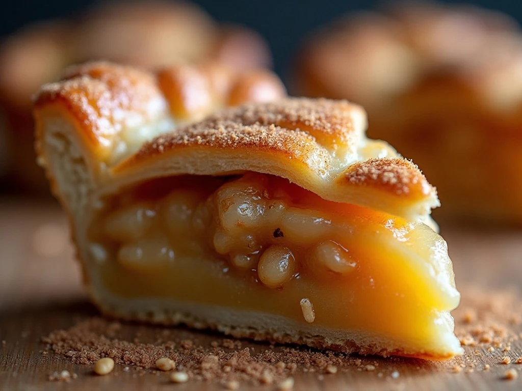 Close-up of a golden cinnamon apple pie bite