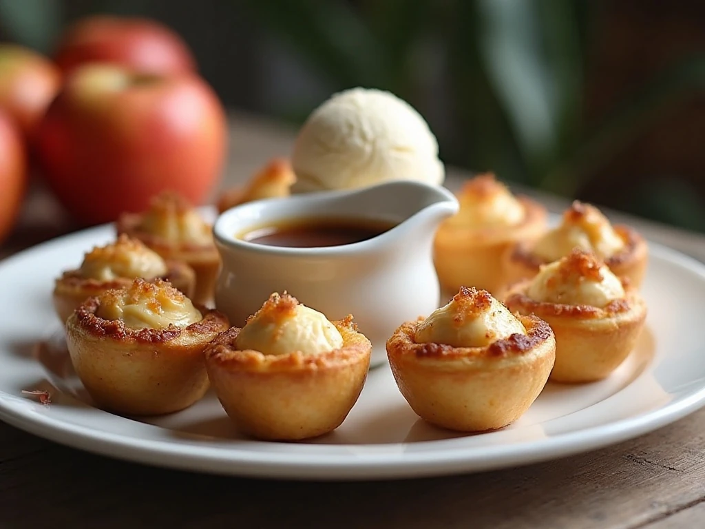 Apple pie bites with vanilla ice cream and caramel sauce