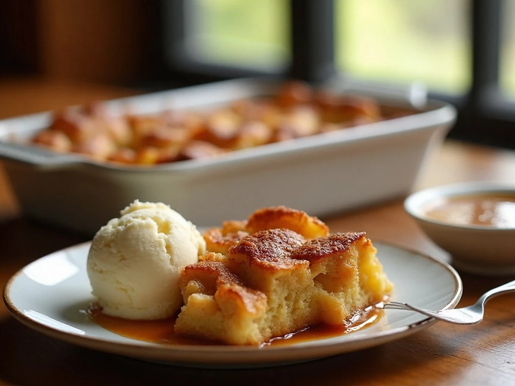 Warm apple pie bread pudding served with vanilla ice cream and caramel