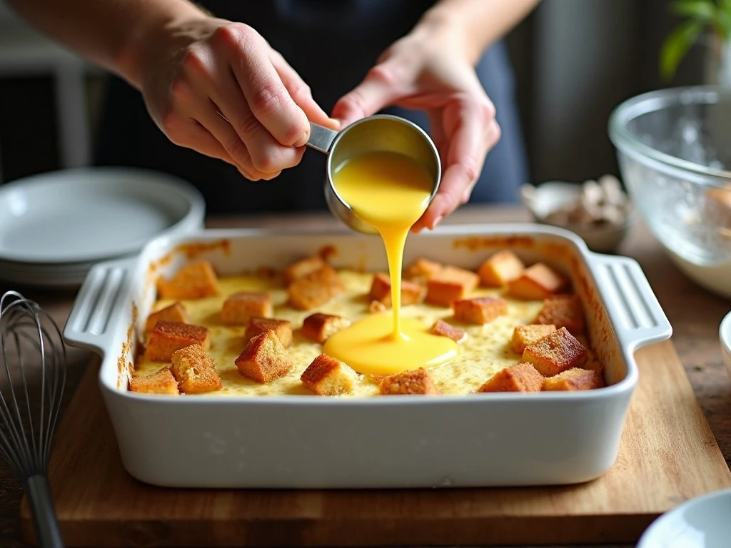 Pouring custard over bread and apples for bread pudding