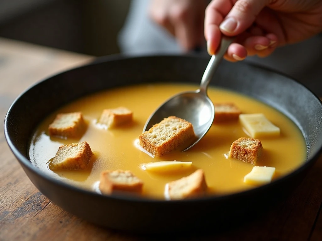 Bread cubes soaking in custard before baking
