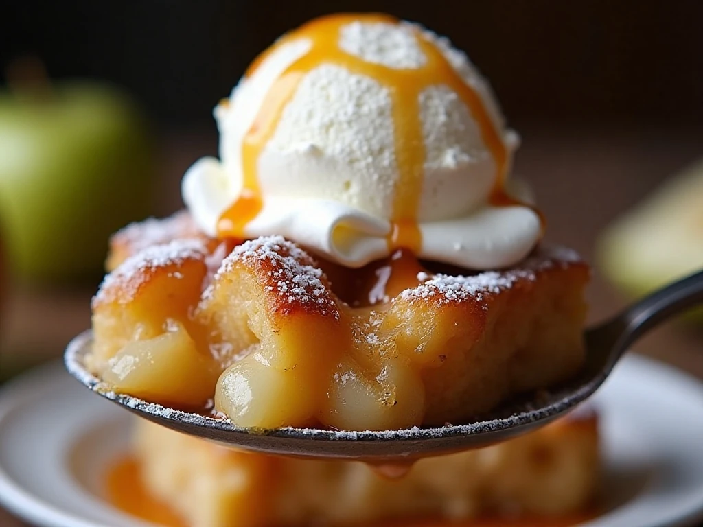 Close-up serving of apple pie bread pudding with toppings