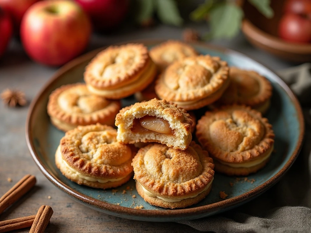 Golden apple pie cookies with visible cinnamon apple filling arranged on a platter