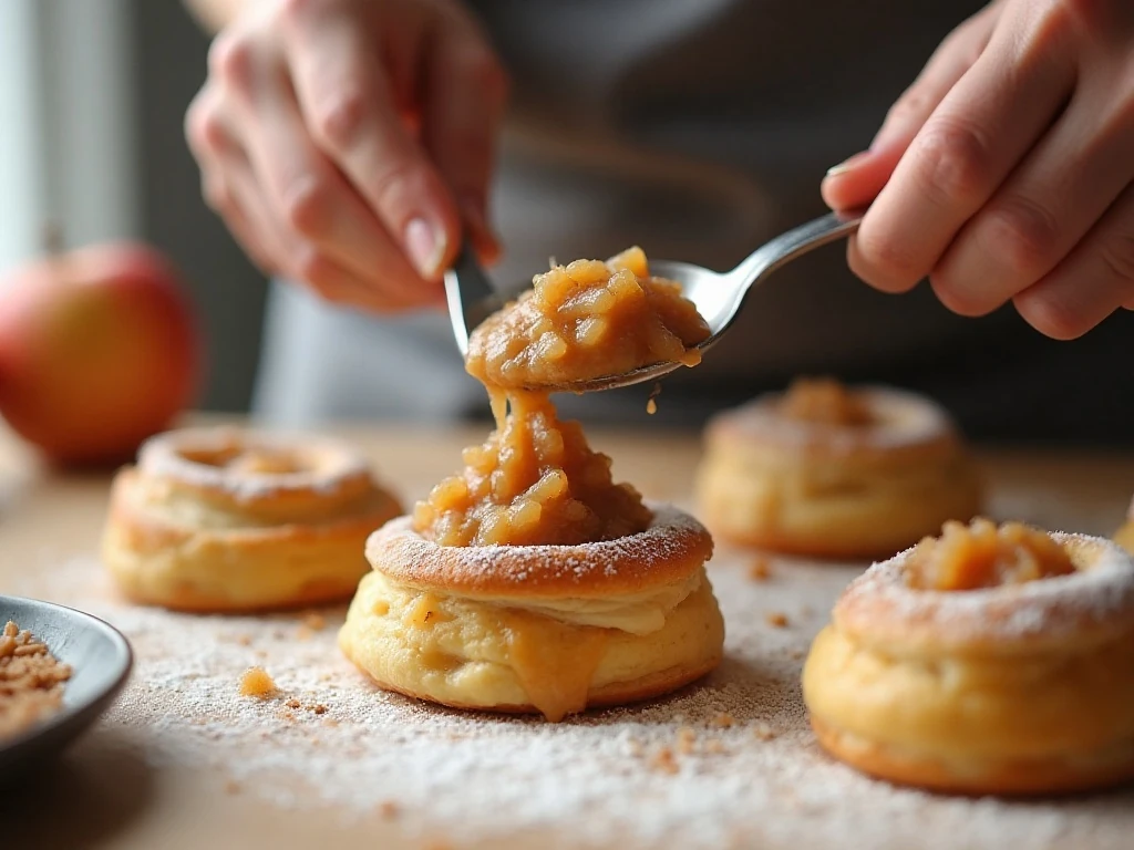 Filling pastry rounds with thick cinnamon apple filling for apple pie cookies