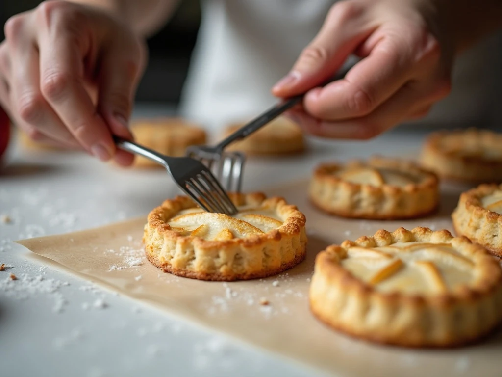 Fork-crimped pastry edges on assembled apple pie cookies