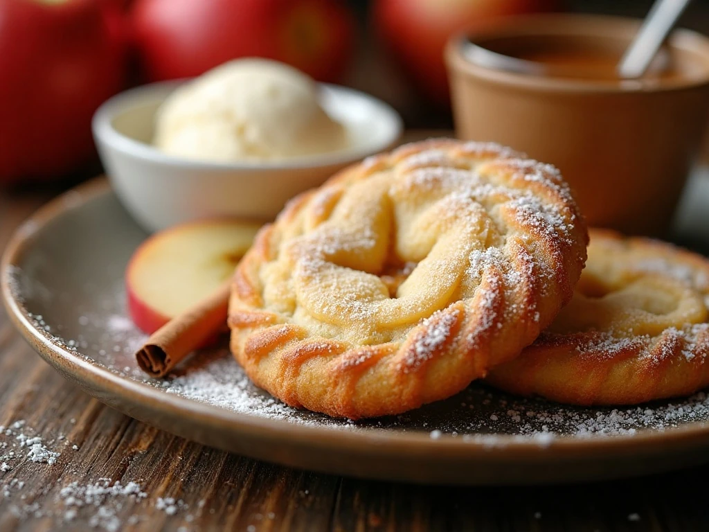 Apple pie cookie served with vanilla ice cream and caramel sauce
