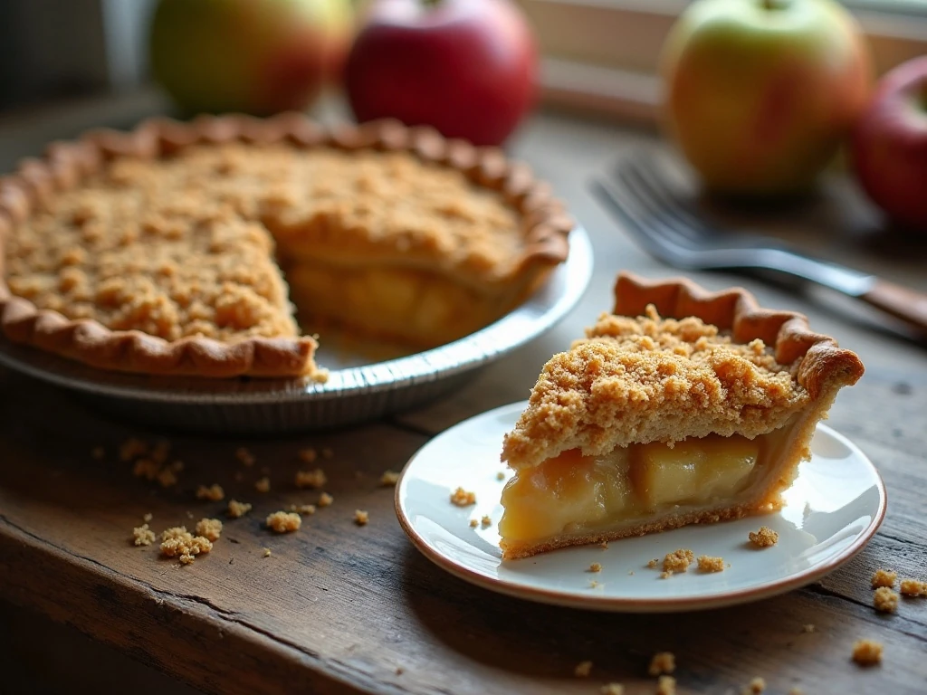 Golden apple pie with a crisp brown sugar crumb topping and tender apple filling